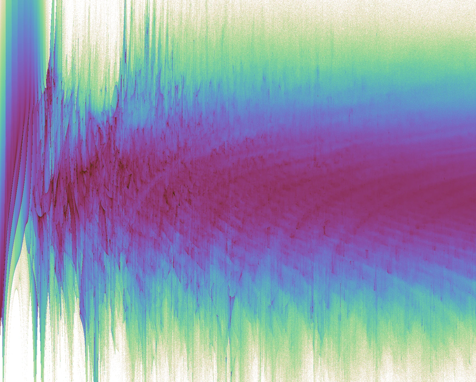 Abstract scientific visualization in cyan, green, violet, and magenta, with a broad horizontal band and dense vertical streaks