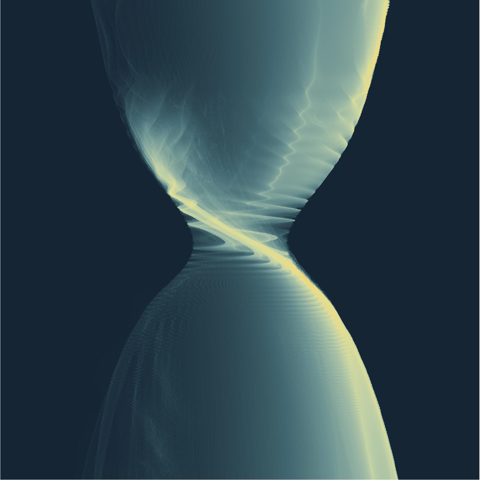 Pale cyan and yellow oscillatory ribbons cross in an hourglass-like form against a dark navy field
